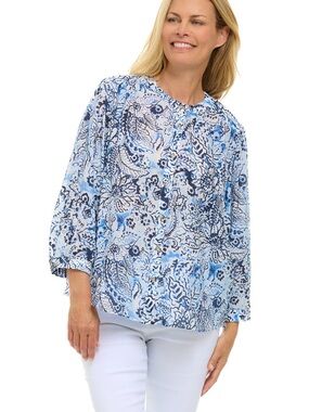 Tribal Blue Floral Peasant Blouse - Women Tops